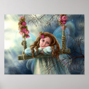 Beautiful young fairy  butterfly on  swing. Illust Poster
