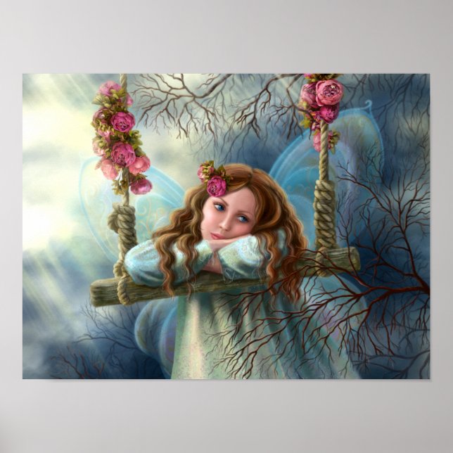 Beautiful young fairy  butterfly on  swing. Illust Poster (Front)