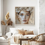Beautiful Young Fashion Model Floral Portrait Art Poster<br><div class="desc">Elevate your decor with the elegance of the "Beautiful Young Fashion Model Floral Portrait Art Poster." This stunning artwork features a beautiful young woman with flowers delicately woven into her hair, set against a backdrop of neutral beige tones. Subtle accents of gold and rose gold add a touch of shimmer...</div>