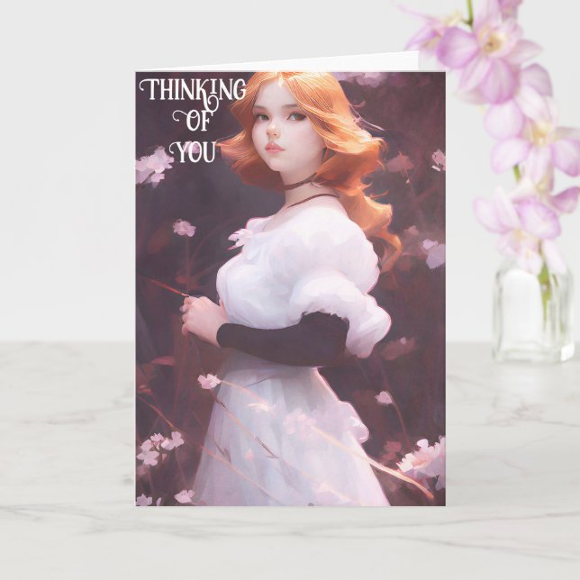 Beautiful Young Girl Amongst Pink Flowers Portrait Card (Orchid)