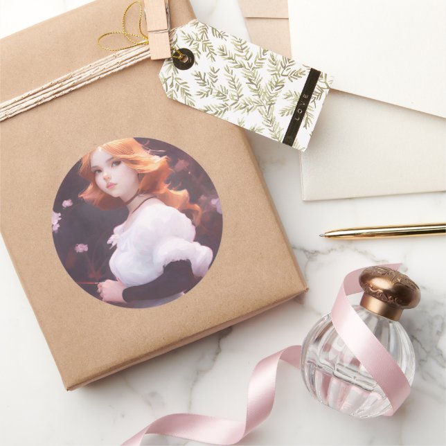 Beautiful Young Girl Amongst Pink Flowers Portrait Classic Round Sticker (Gifting)