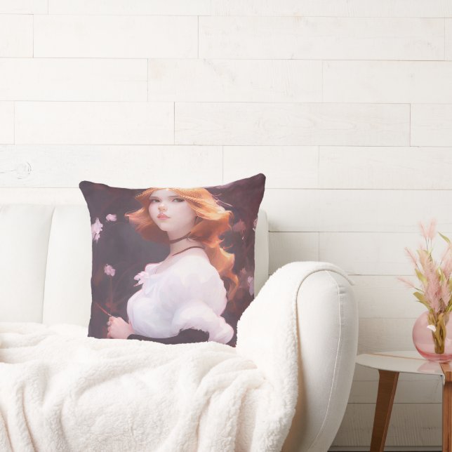 Beautiful Young Girl Amongst Pink Flowers Portrait Cushion (Couch)