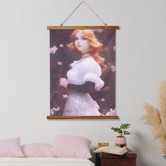 Beautiful Young Girl Amongst Pink Flowers Portrait Hanging Tapestry (Bedroom)