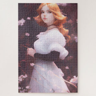 Beautiful Young Girl Amongst Pink Flowers Portrait Jigsaw Puzzle