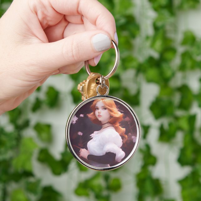 Beautiful Young Girl Amongst Pink Flowers Portrait Key Ring (Hand)