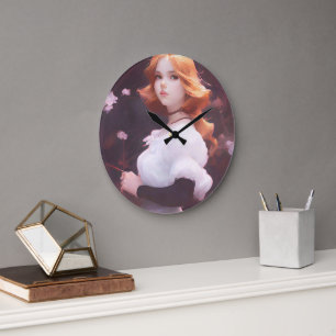 Beautiful Young Girl Amongst Pink Flowers Portrait Large Clock