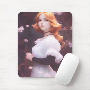Beautiful Young Girl Amongst Pink Flowers Portrait Mouse Mat