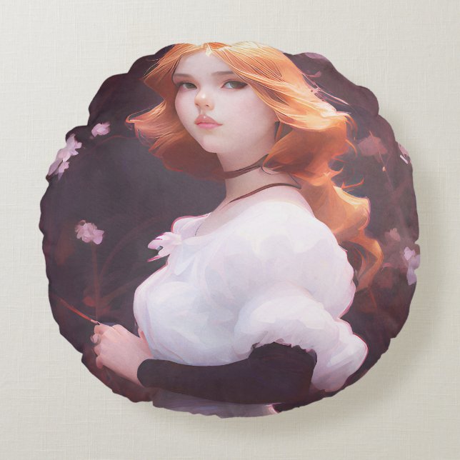Beautiful Young Girl Amongst Pink Flowers Portrait Round Cushion (Front)