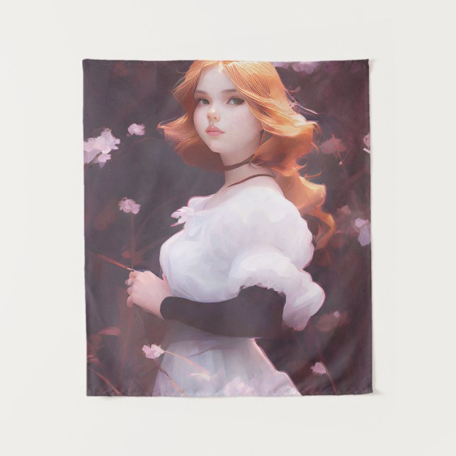 Beautiful Young Girl Amongst Pink Flowers Portrait Tapestry (Front)