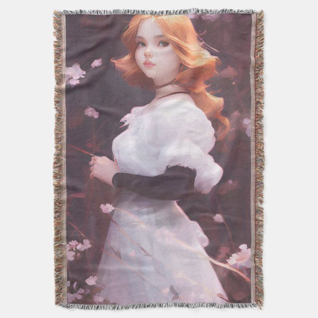 Beautiful Young Girl Amongst Pink Flowers Portrait Throw Blanket (Front Vertical)