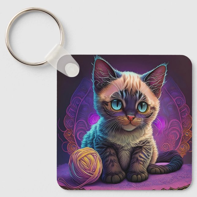 Beautiful Young Kitty With Yarn Ball Key Ring (Front)