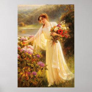 Beautiful,young lady,flowers,by Albert Lynch,Belle Poster