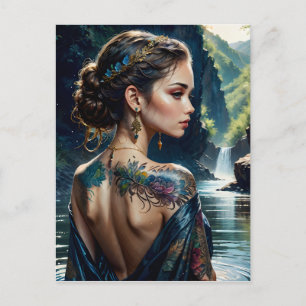 Beautiful young woman with tatoo on her shoulder. holiday postcard