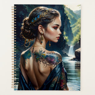 Beautiful young woman with tatoo on her shoulder. planner