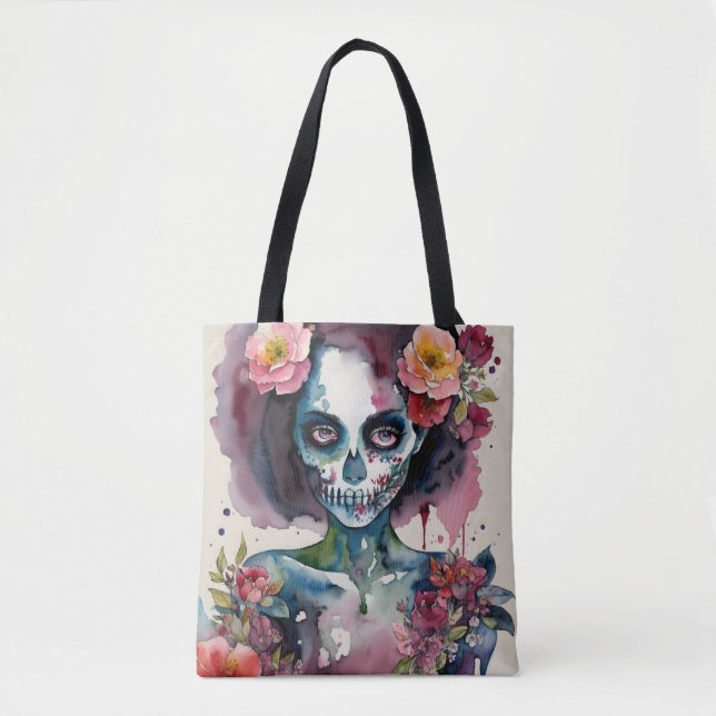 Beautiful Zombie Floral Watercolor Portrait Tote Bag (Front)