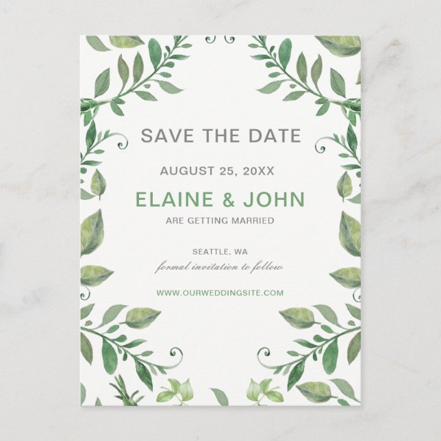 Beautifully botanical greenery Save the Date Announcement Postcard (Front)