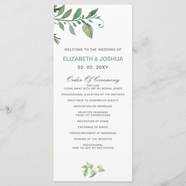 Beautifully botanical greenery wedding Programs Programme (Front)