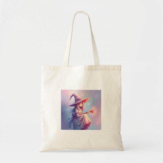 Beautifully Designed Cute Looking Witch in Pastel Tote Bag (Front)