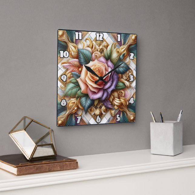 Beautifully Designed Roses in Intricate Art Square Wall Clock (Office)