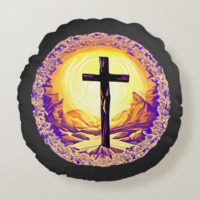 Beautifully Detailed Christian Cross Round Cushion (Front)