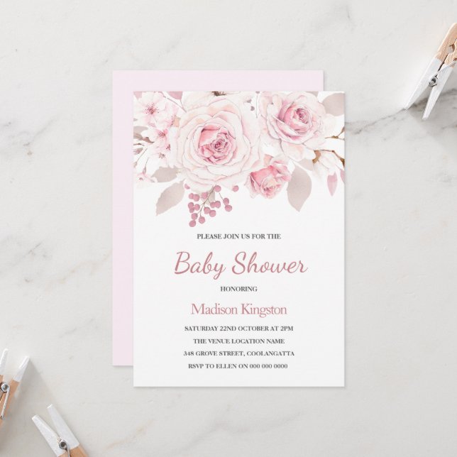 Beautifully Elegant Blush Roses Baby Shower Invitation (Front/Back In Situ)