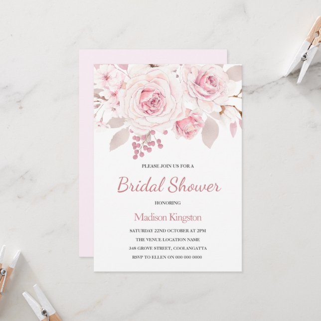 Beautifully Elegant Blush Roses Bridal Shower Invitation (Front/Back In Situ)
