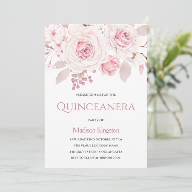 Beautifully Elegant Blush Roses Quinceanera Party Invitation (Standing Front)