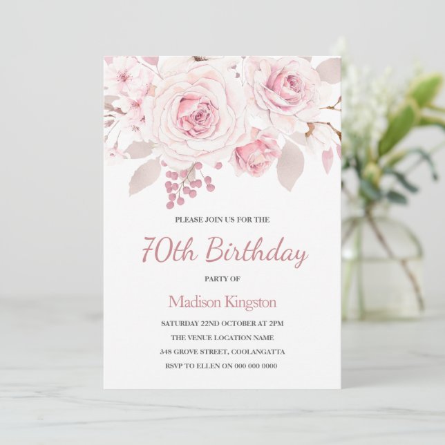 Beautifully Elegant Roses Womans 70th Birthday Invitation (Standing Front)