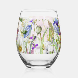 Beautifully Hand Painted Floral Print Stemless Wine Glass