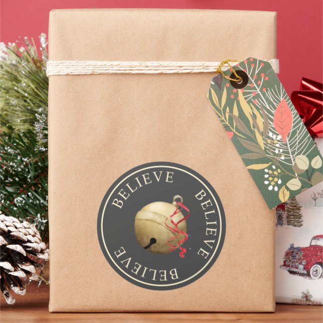 Beautiufl BELIEVE Jingle Bell Christmas  Classic Round Sticker (Holiday)