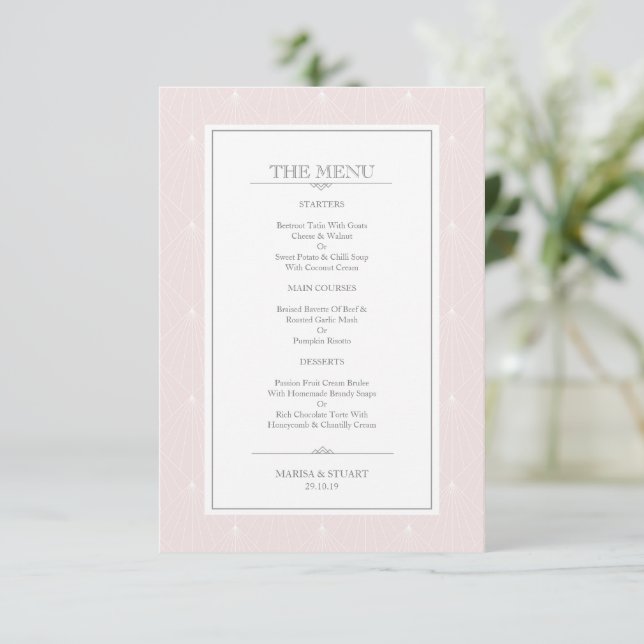 Beautiul Pastel Pink Wedding Menu Art Deco (Standing Front)