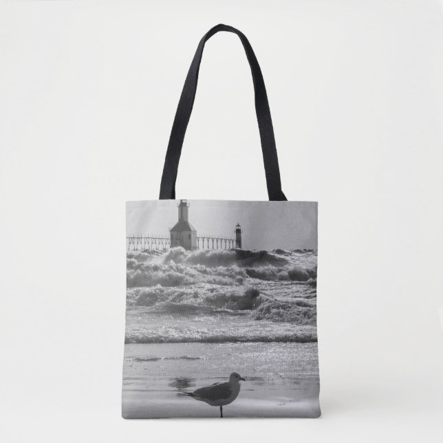 Beauty And Force Grayscale Tote Bag (Front)