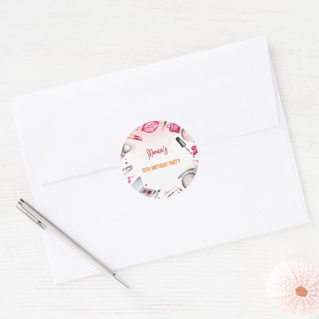 Beauty and makeup spa birthday party classic round sticker (Envelope)