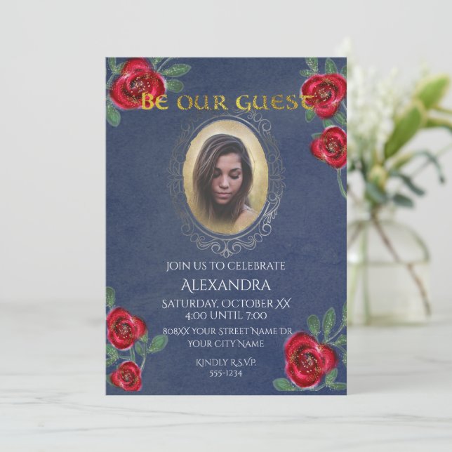 Beauty and the Beast Fairy Tale Blue Mirror Photo Invitation (Standing Front)