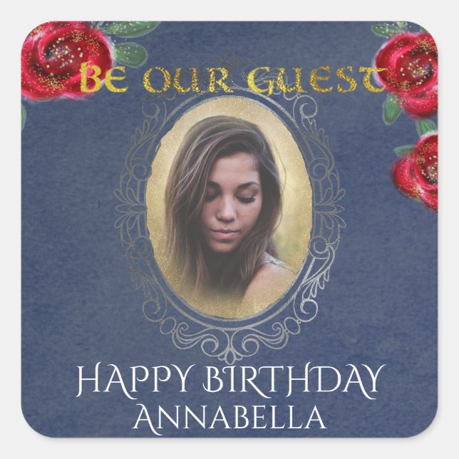 Beauty and the Beast Fairy Tale Blue Mirror Photo Square Sticker (Front)