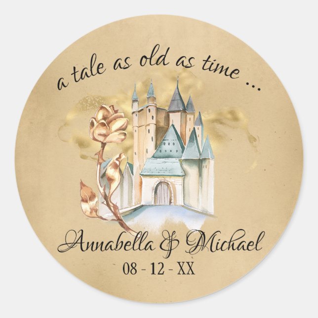 Beauty and the Beast Fairytale Castle and Rose Classic Round Sticker (Front)