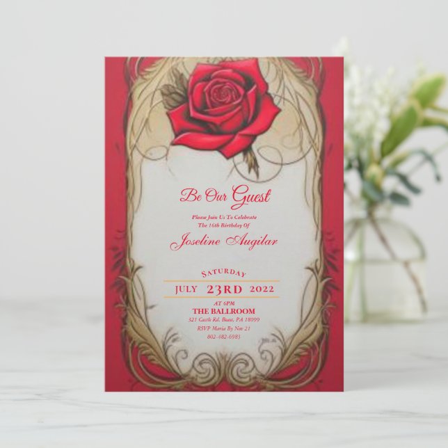 Beauty and the Beast Gold and Red Rose Sweet 16 Invitation (Standing Front)