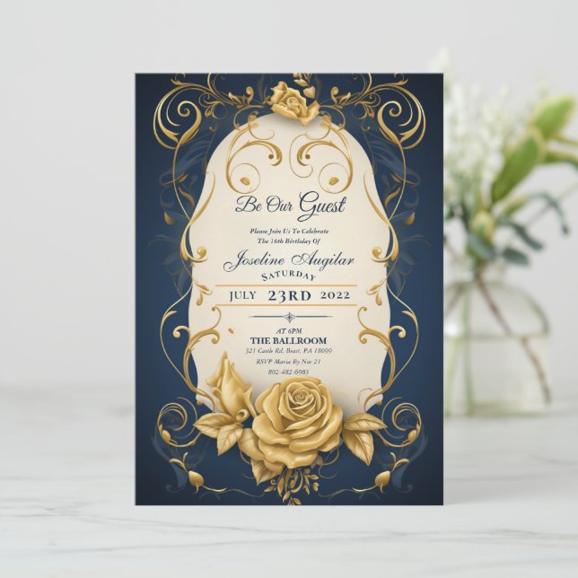 Beauty and the Beast Gold Rose Sweet 16 Invitation (Standing Front)