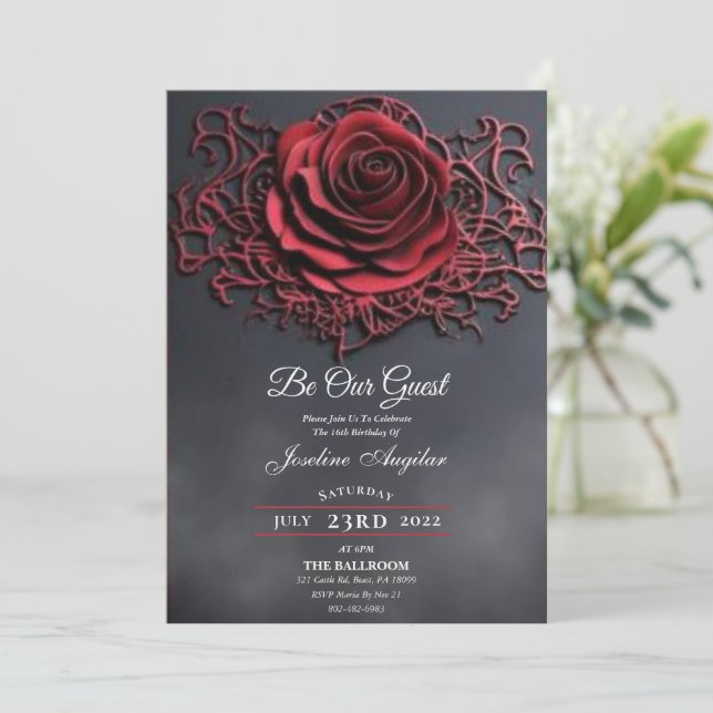 Beauty and the Beast Gothic Red Rose Sweet 16 Invitation (Standing Front)