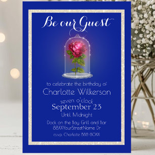 Beauty and the Beast Magic Rose on Blue  Invitatio Invitation