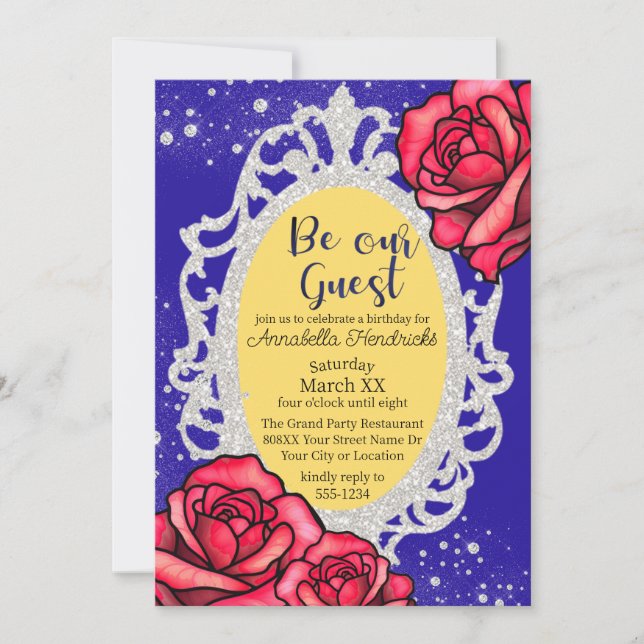 Beauty and the Beast Mirror & Roses Fairytale Invitation (Front)