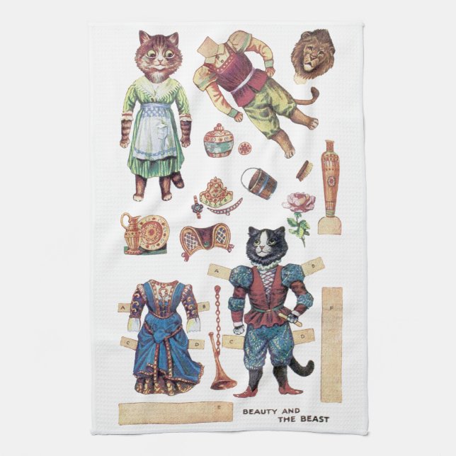 Beauty and the Beast, Paper Doll, Louis Wain Tea Towel (Vertical)