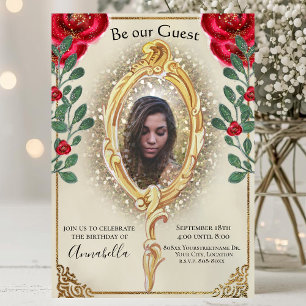 Beauty and the Beast Photo Mirror and Red Roses In Invitation
