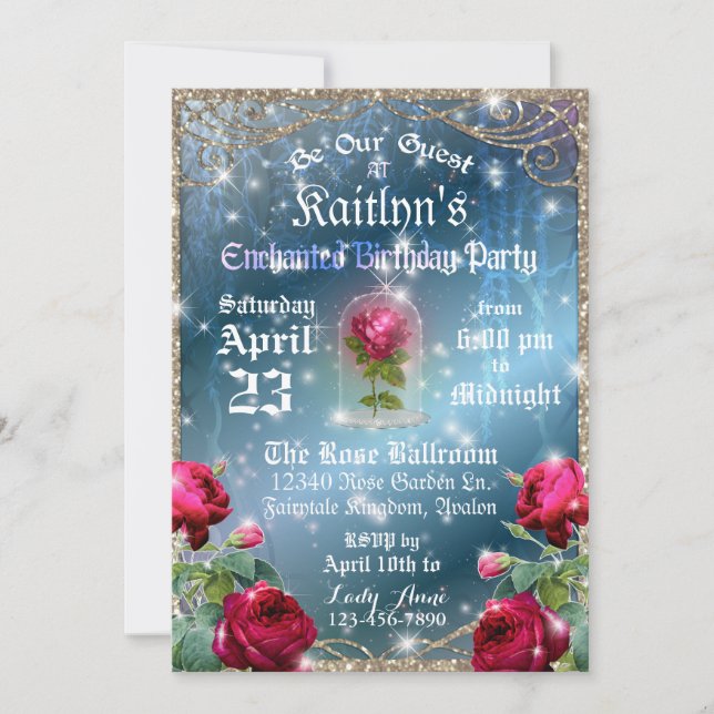Beauty and the Beast Red Rose Birthday Party Invitation (Front)