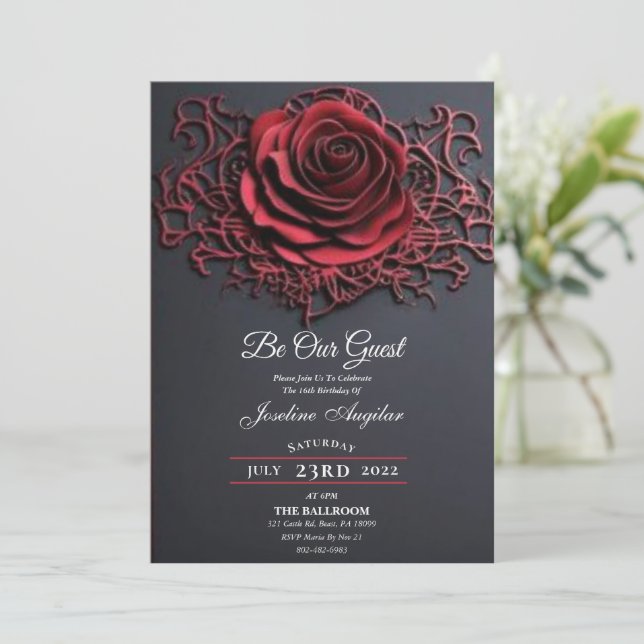 Beauty and the Beast Red Rose Sweet 16 Invitation (Standing Front)