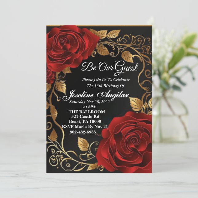 Beauty and the Beast Red Rose Sweet 16 Invitation (Standing Front)
