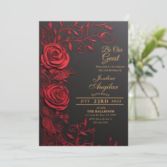 Beauty and the Beast Red Rose Sweet 16 Invitations (Standing Front)