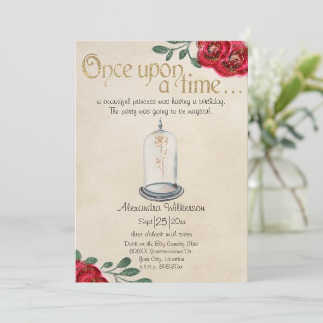 Beauty and the Beast Red Roses Fairy Tale Invitation (Standing Front)
