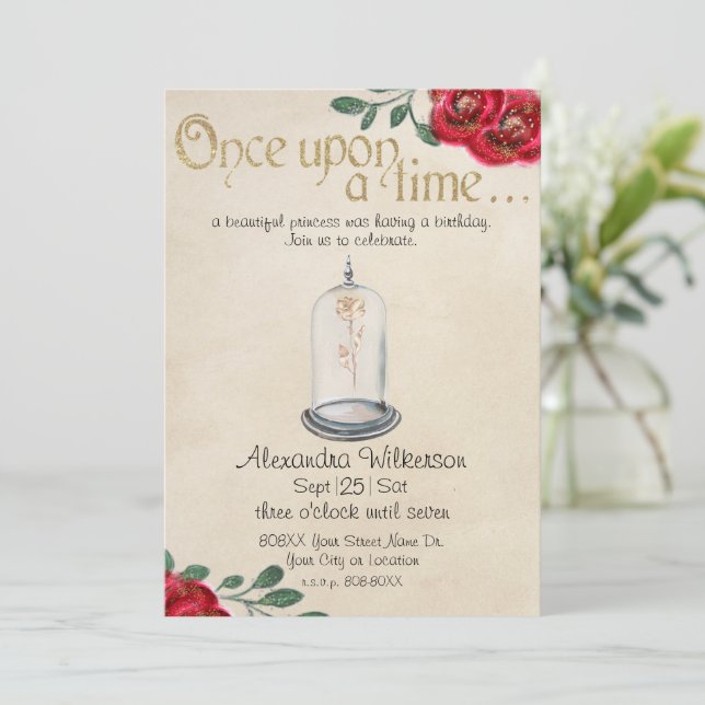 Beauty and the Beast Red Roses Fairy Tale Invitation (Standing Front)
