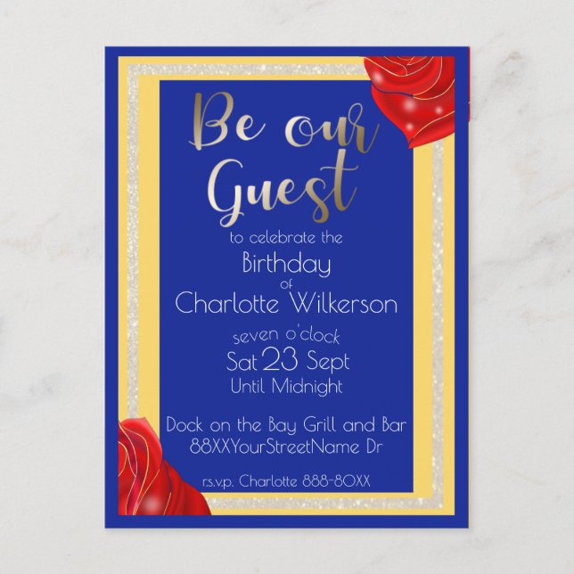 Beauty and the Beast Red Roses on Blue and Yellow Announcement Postcard (Front)